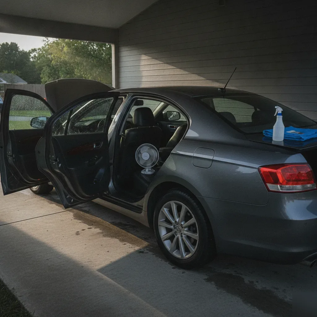 Car with open doors and fan drying shampooed seats in Fort Worth carport