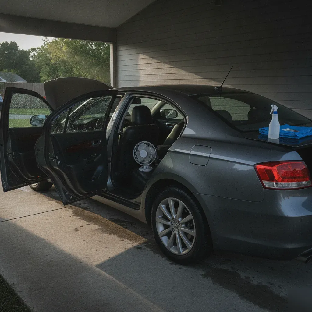 Car with open doors and fan drying shampooed seats in Fort Worth carport