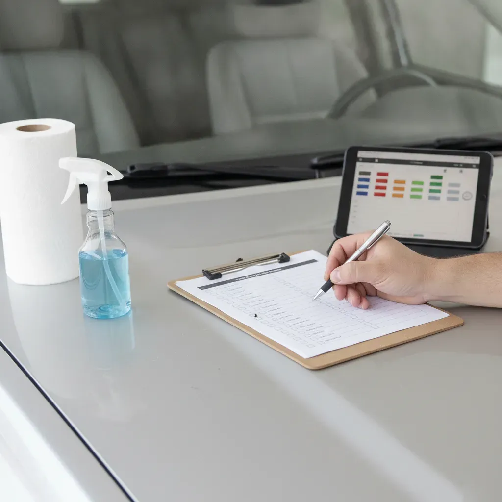 Detailer writing seat shampooing price estimate on clipboard in Fort Worth