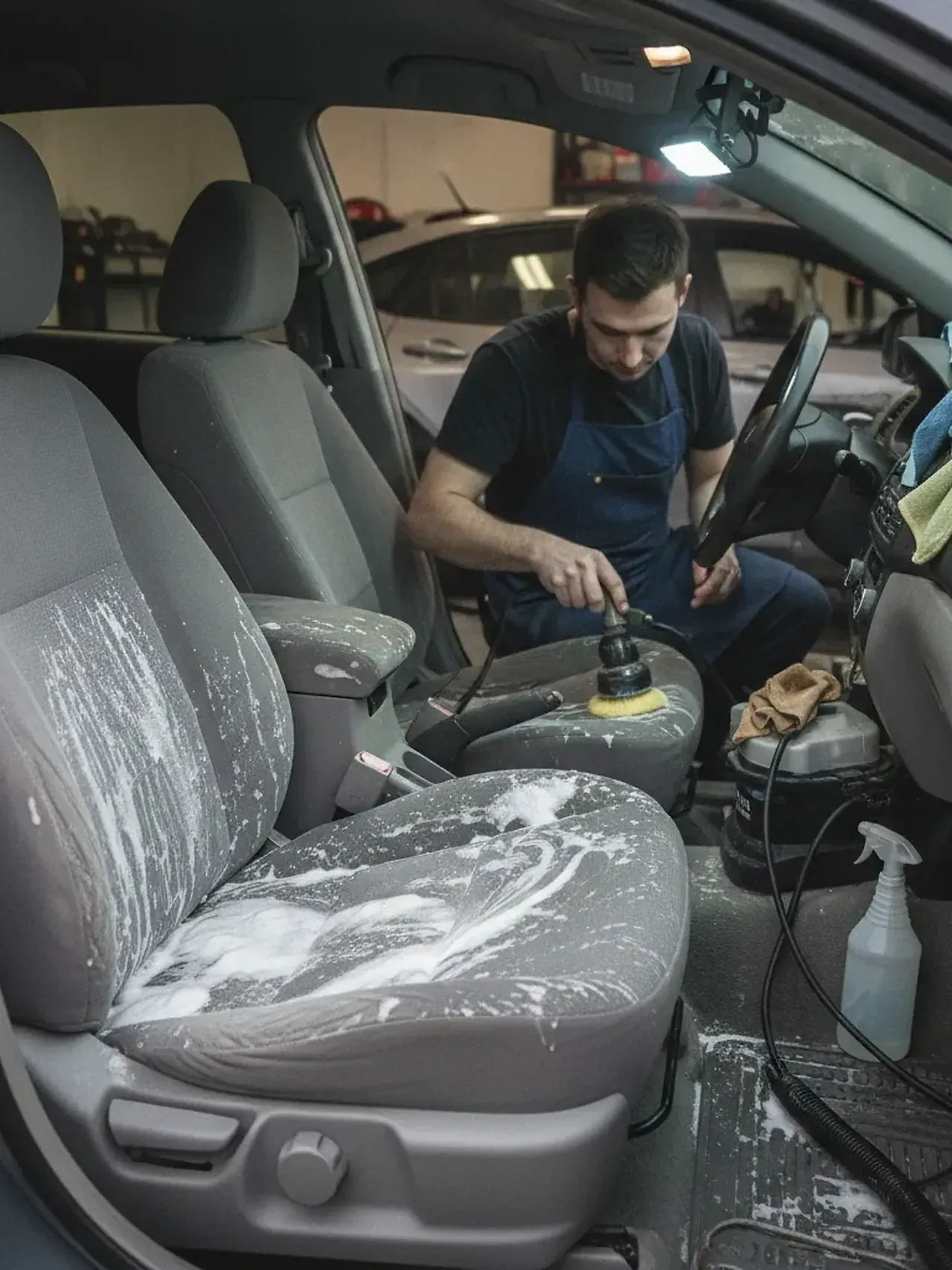 Detailer shampooing gray car seat with rotary brush during Irving mobile detailing