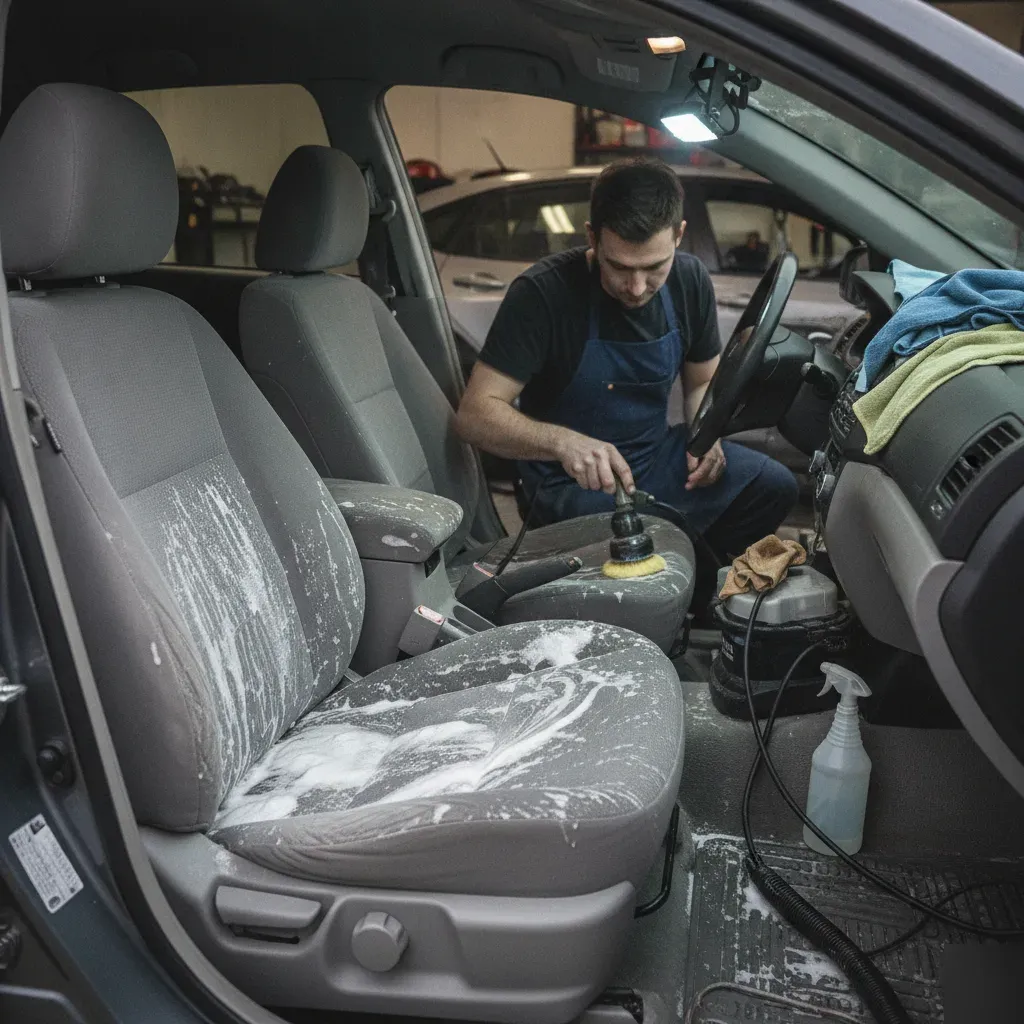Detailer shampooing gray car seat with rotary brush during Irving mobile detailing