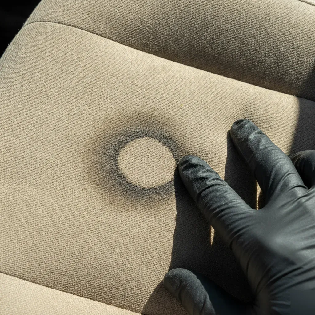 Close-up of stained car seat fabric showing signs it needs seat shampooing