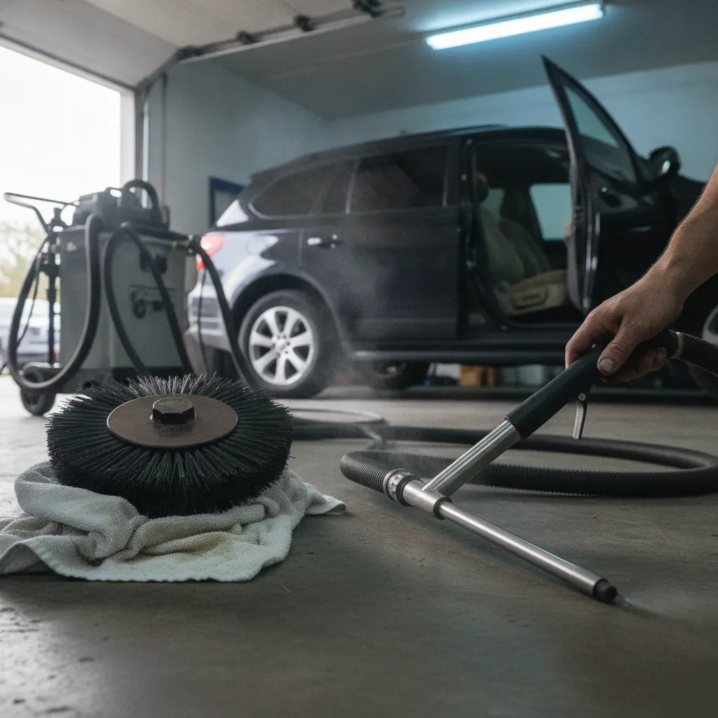 Detailer comparing shampoo brush and steam extraction tools for car seats