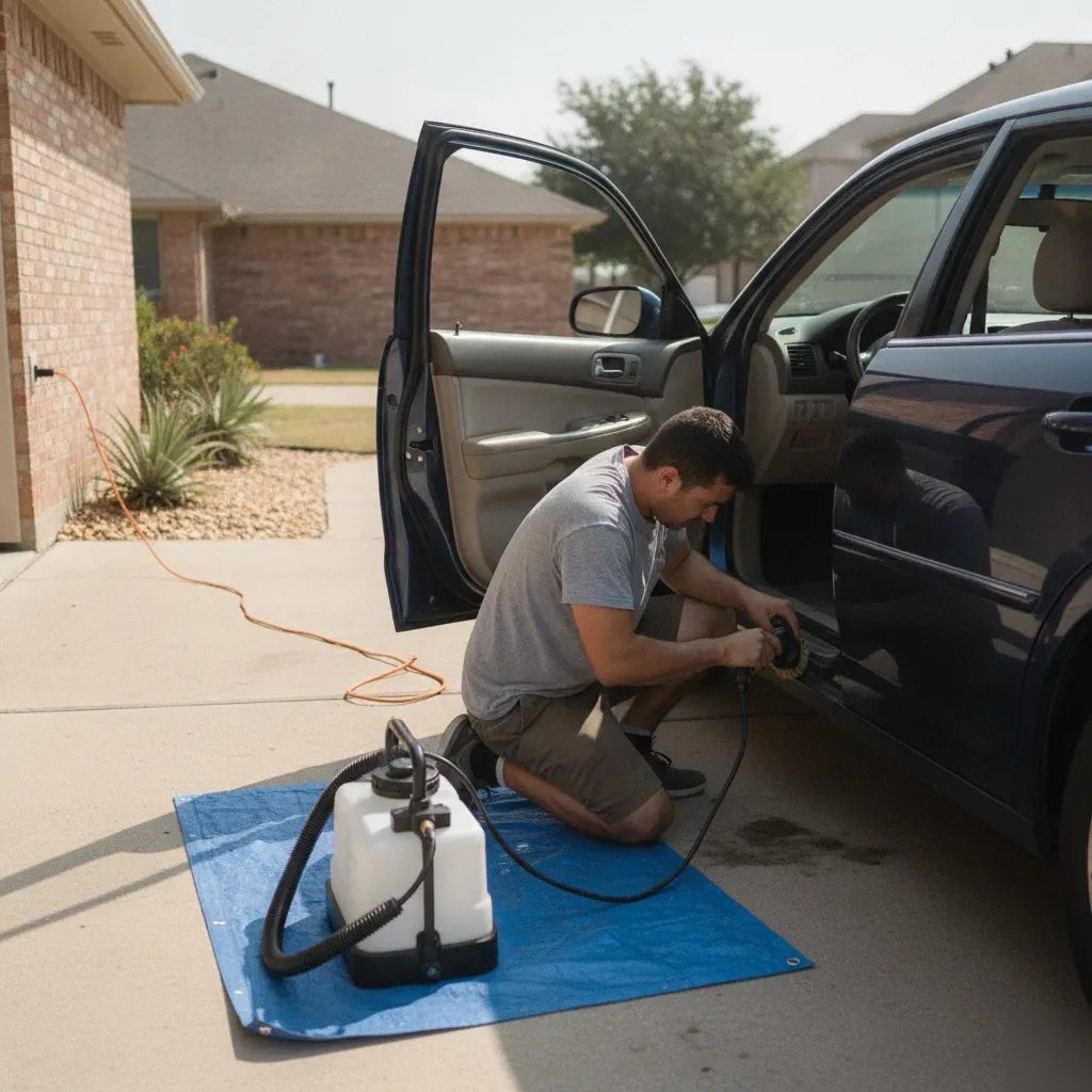 Mobile seat shampooing appointment in an Irving driveway with portable equipment