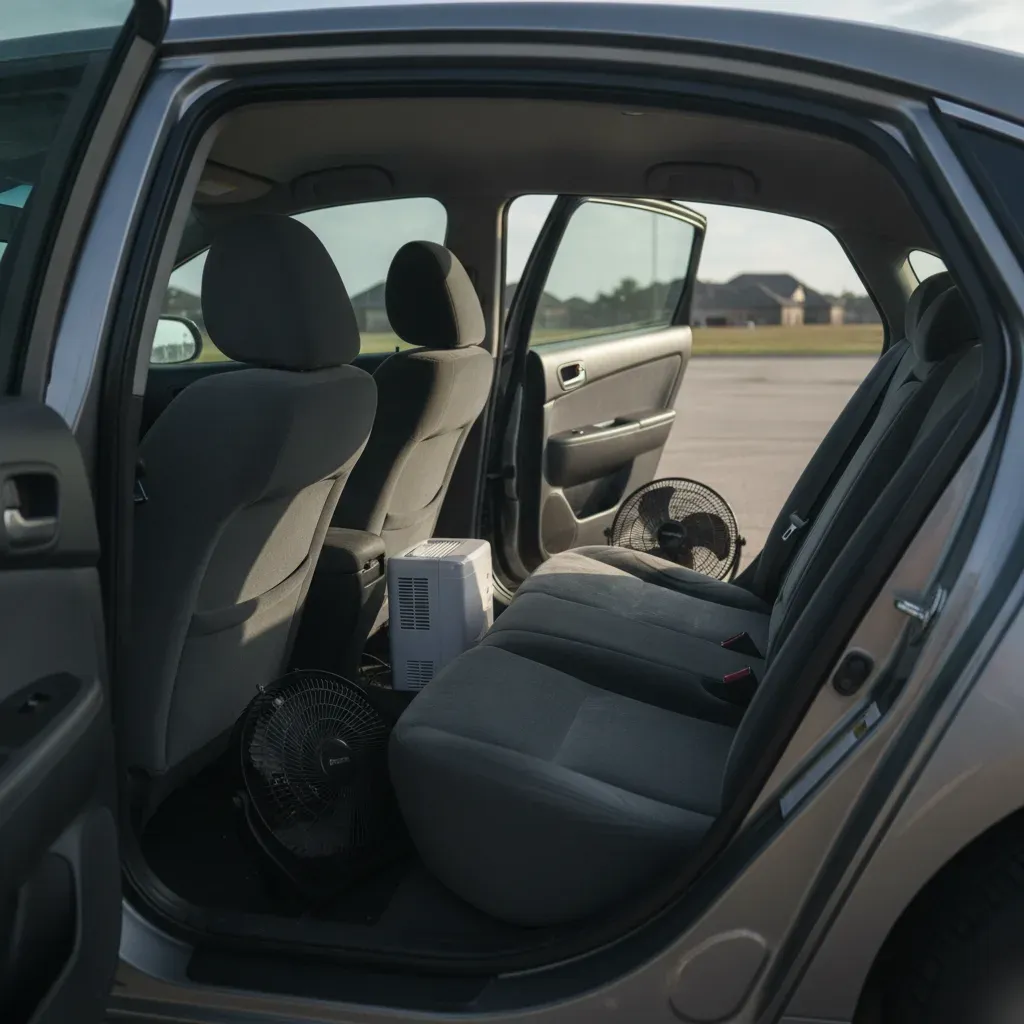 Damp car seat drying with fans after seat shampooing service in Irving