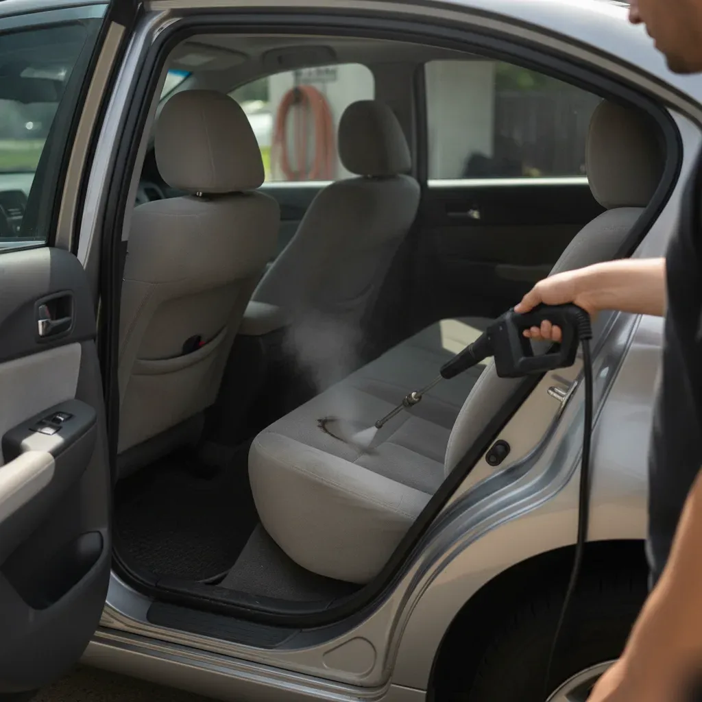 Technician steam cleaning car seat fabric during mobile detailing in Fort Worth