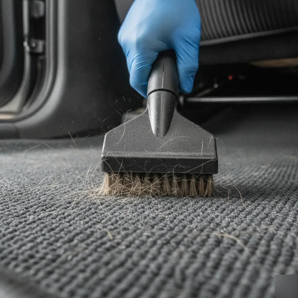 Steam cleaner brush lifting pet hair from car carpet fibers close-up