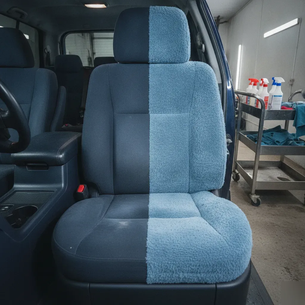 Car seat fabric before and after steam cleaning contrast in Fort Worth detailing bay