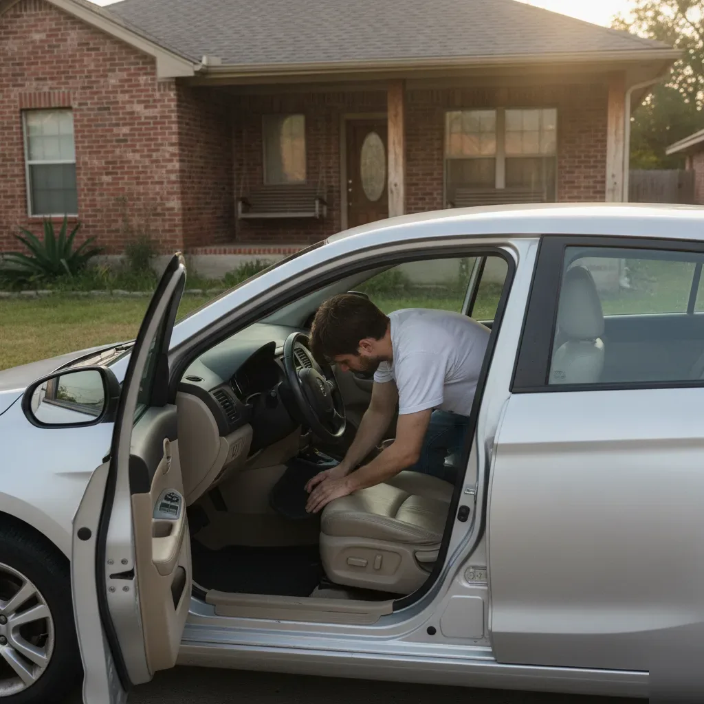 Homeowner checking car interior after steam cleaning outside Fort Worth home