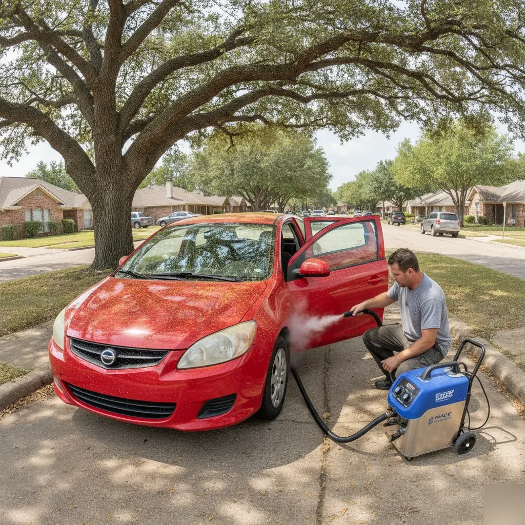 Technician steam cleaning car interior amid Fort Worth pollen and summer heat