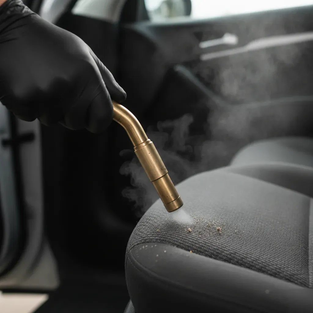 Close-up of steam cleaner nozzle lifting dirt from car seat fabric in Irving
