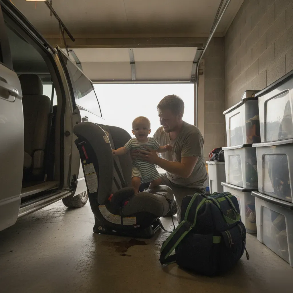 Parent noticing car seat stain needing steam cleaning at Irving home garage
