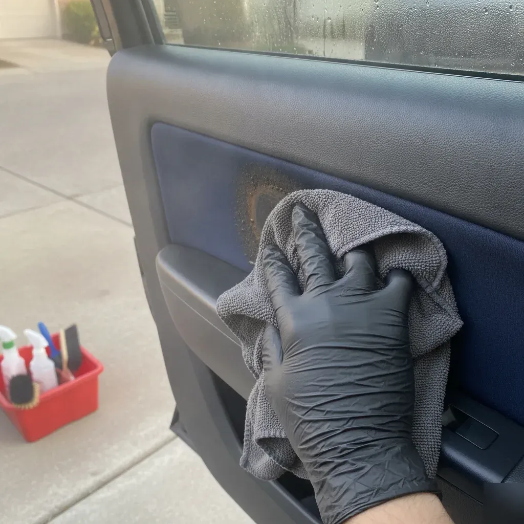 Technician treating stubborn stain that resists steam cleaning on car door panel