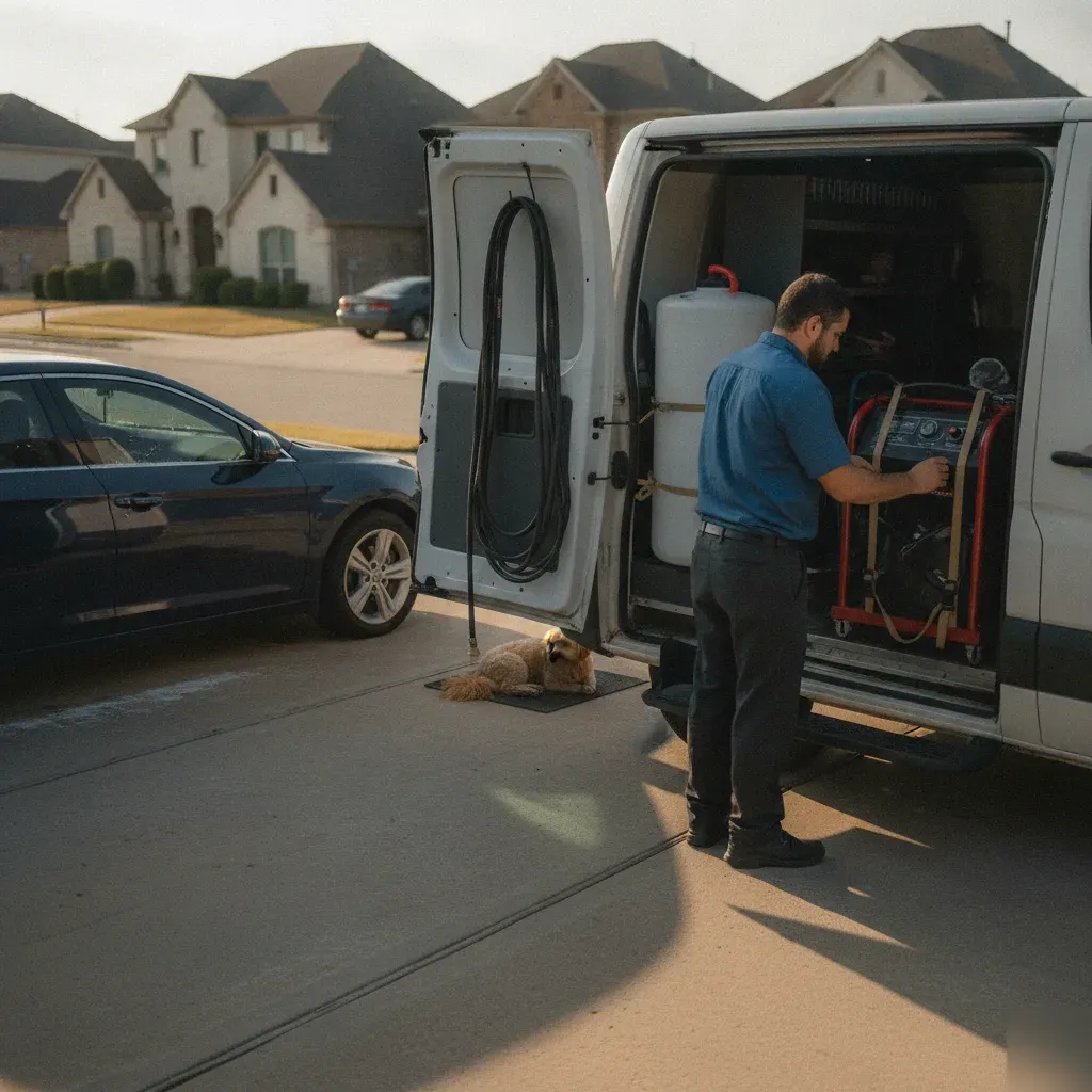 Mobile steam cleaning van setup parked in Irving residential driveway