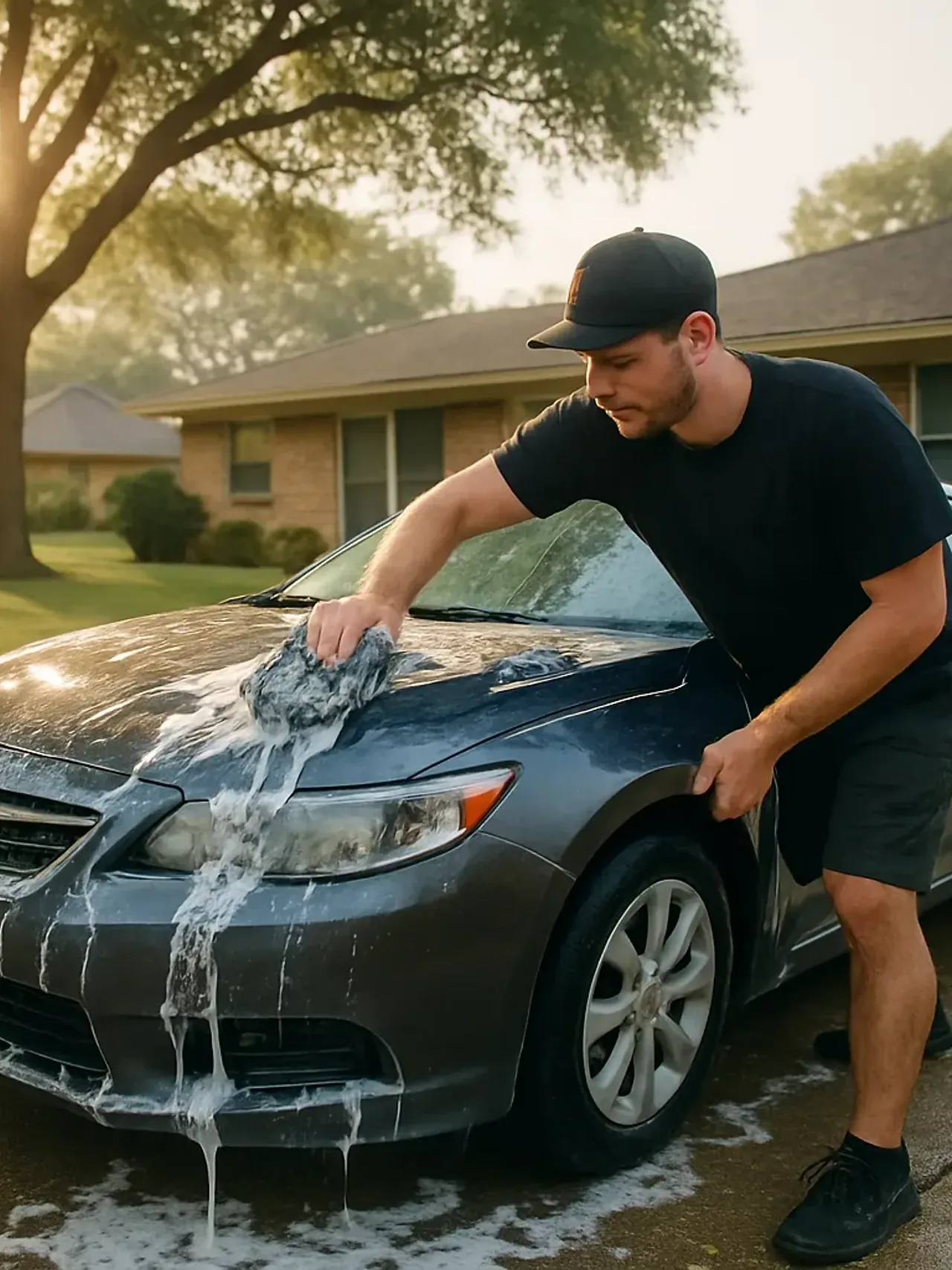 Car detailer washing sedan on driveway near Sunrise Park Irving TX home