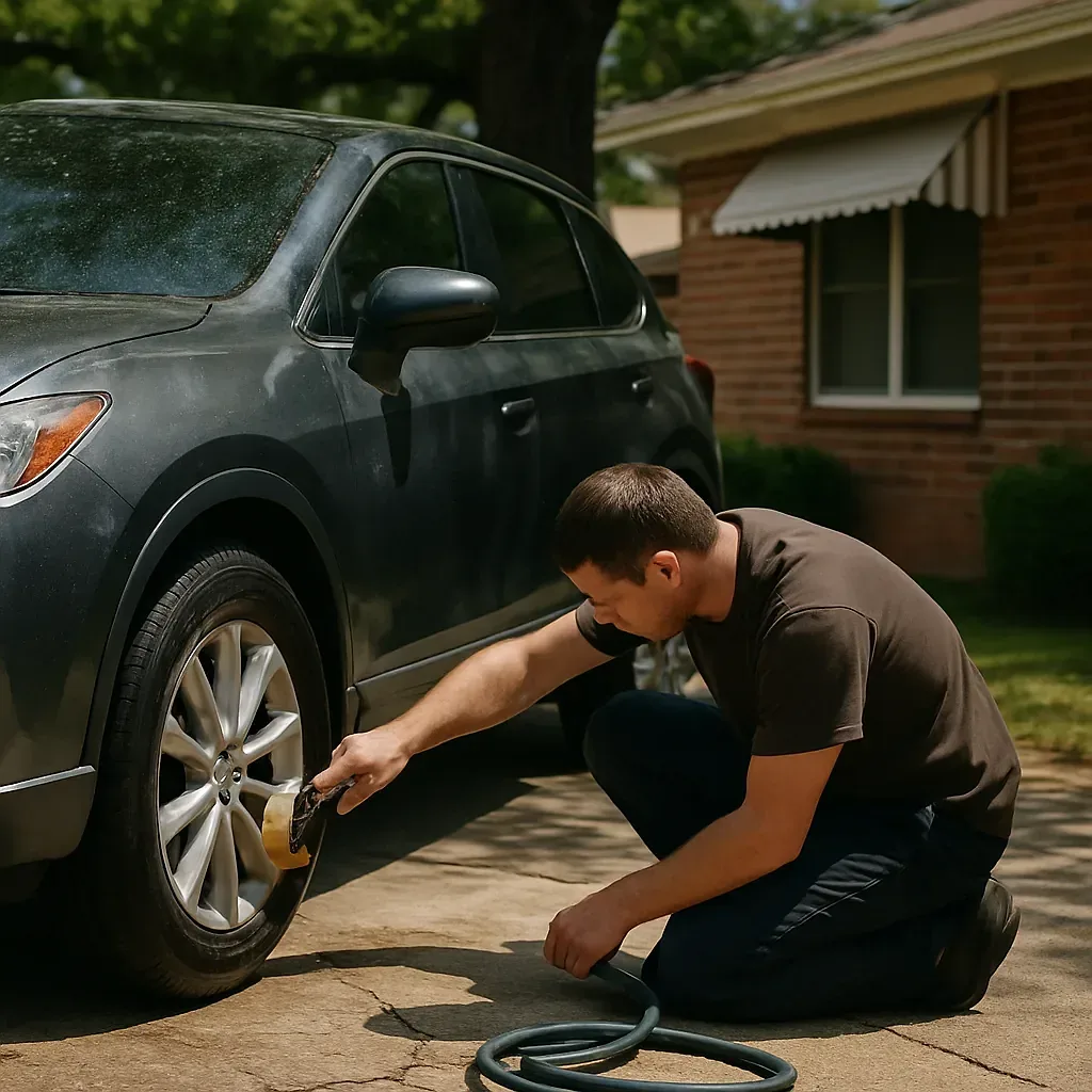 Detailer scrubbing SUV tire on older Irving driveway near Sunrise Park