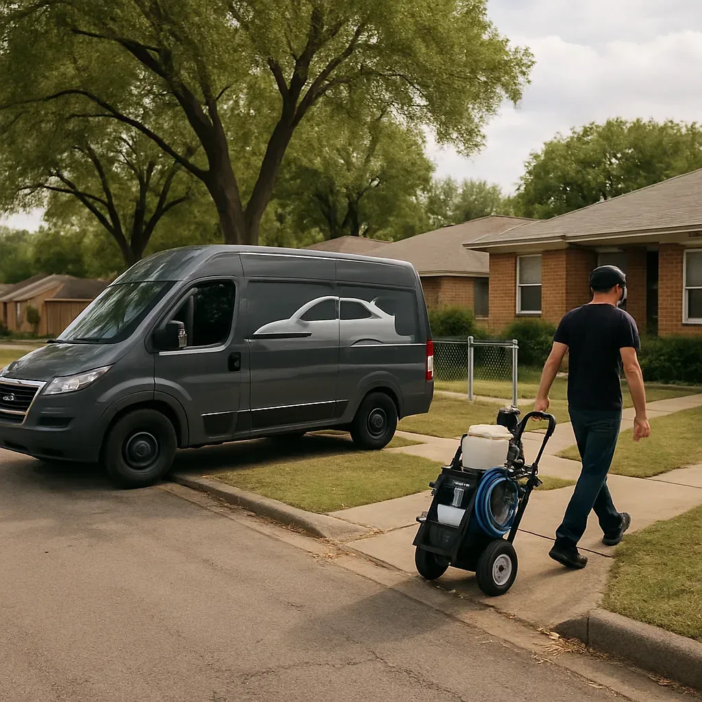 Detailing van on residential street near Sunrise Park Irving TX