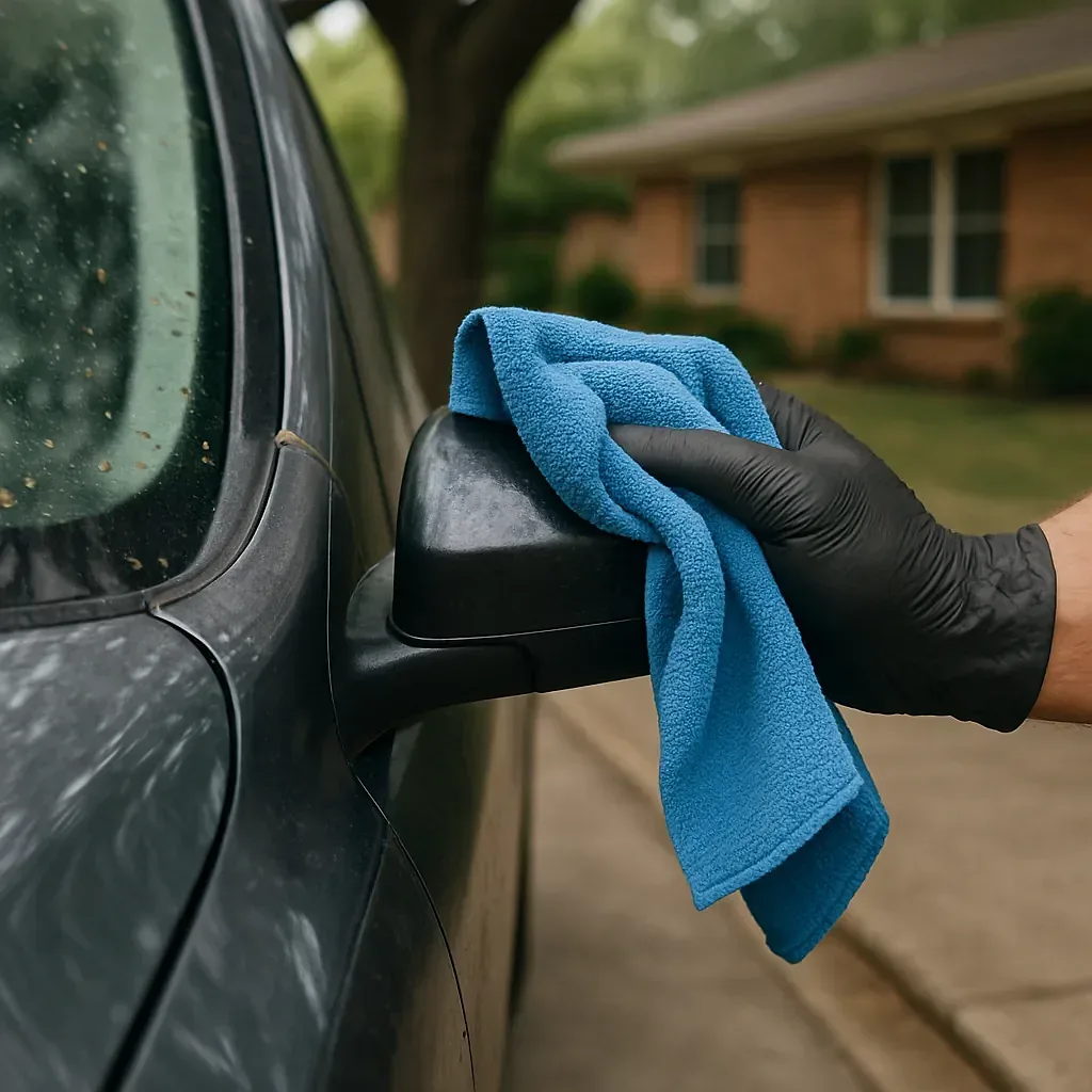 Detailer wiping car mirror on driveway near Sunrise Park Irving TX