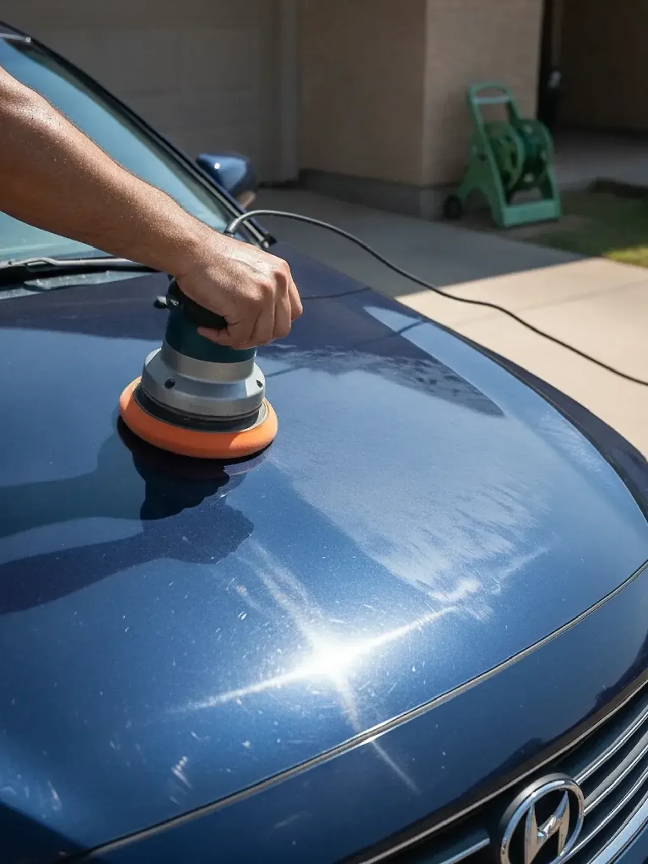 Detailer buffing water spots off a car hood during mobile detailing in Irving