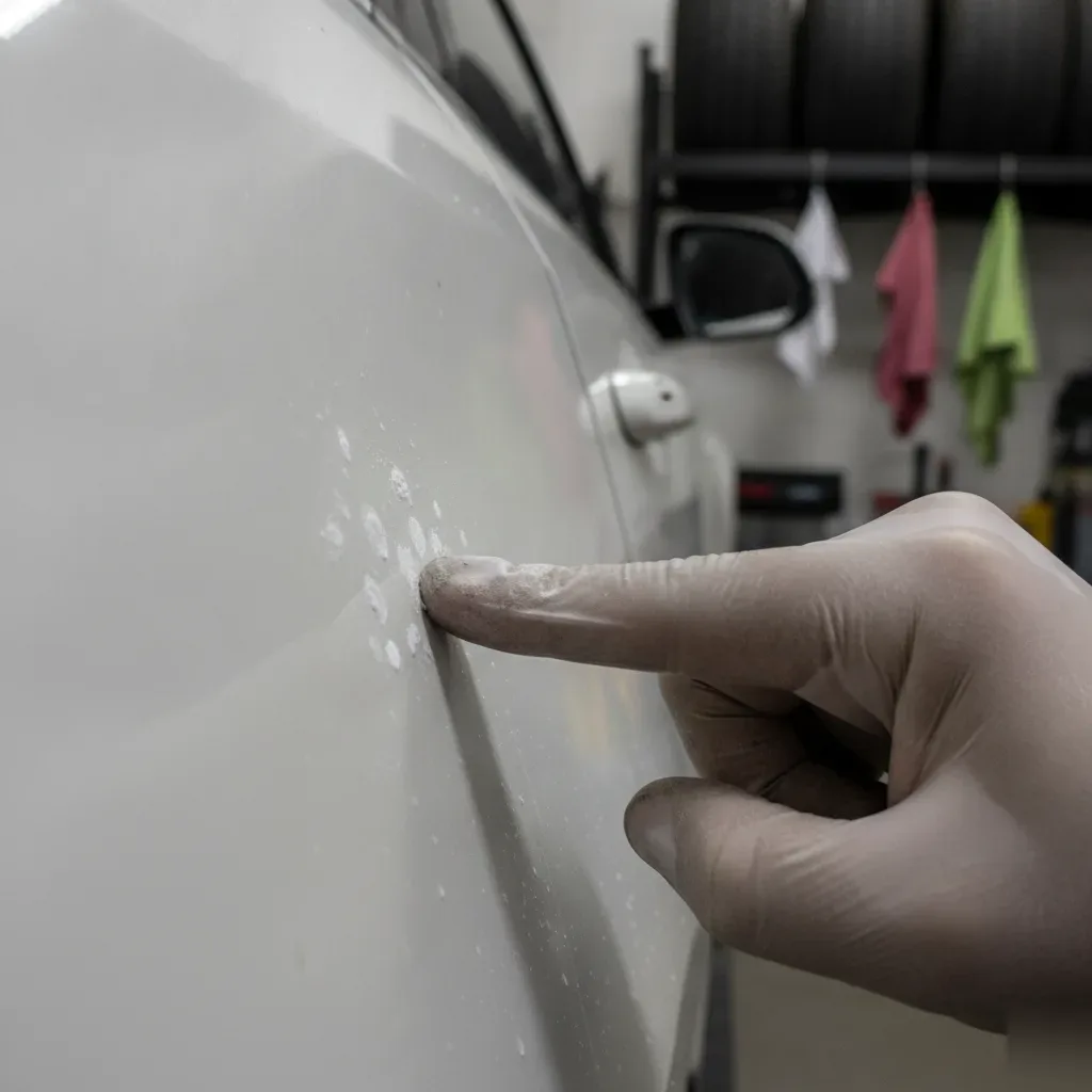 Close-up fingernail test diagnosing etched water spots on car paint in Irving