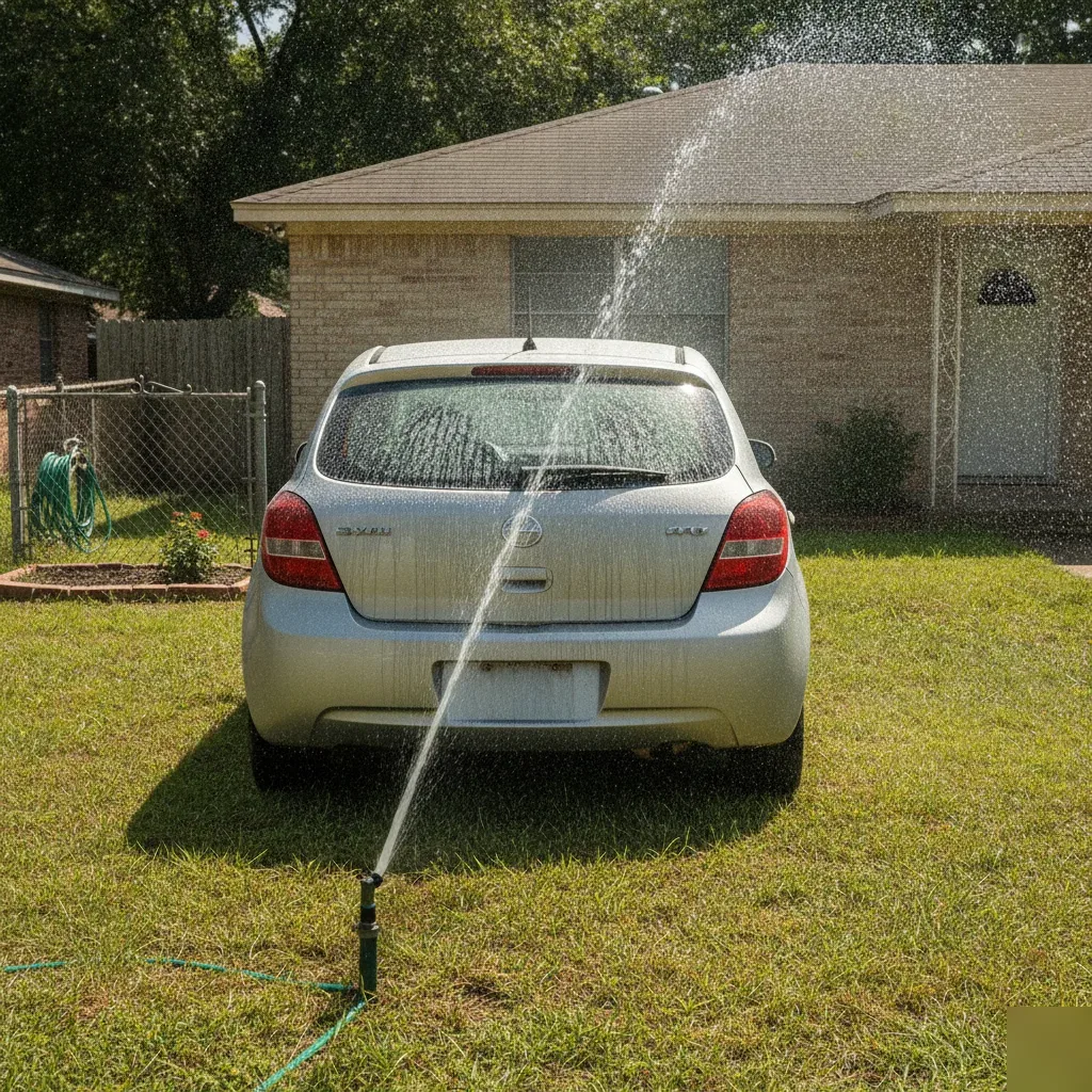 Sprinkler spraying hard water onto a parked car causing water spots in Irving