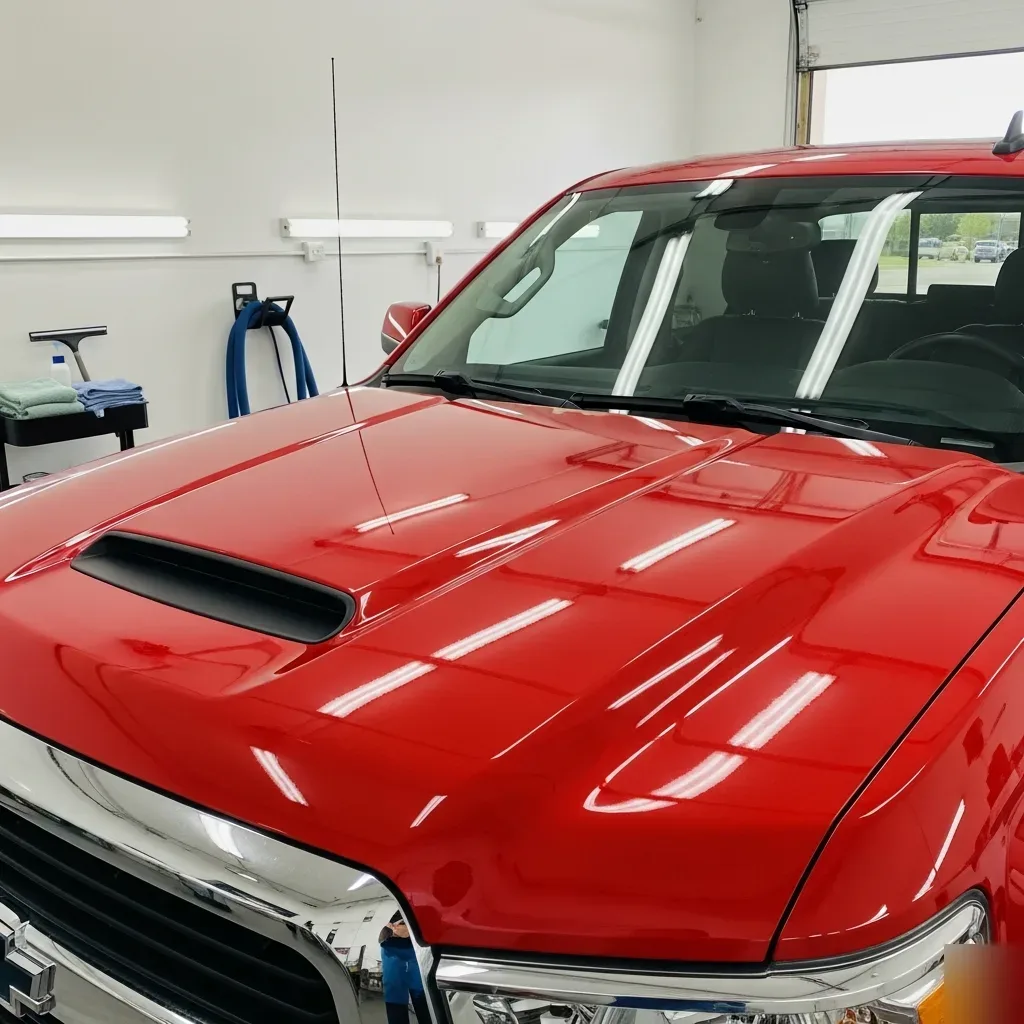 Red truck with clear spot-free windshield after water spot removal in Irving