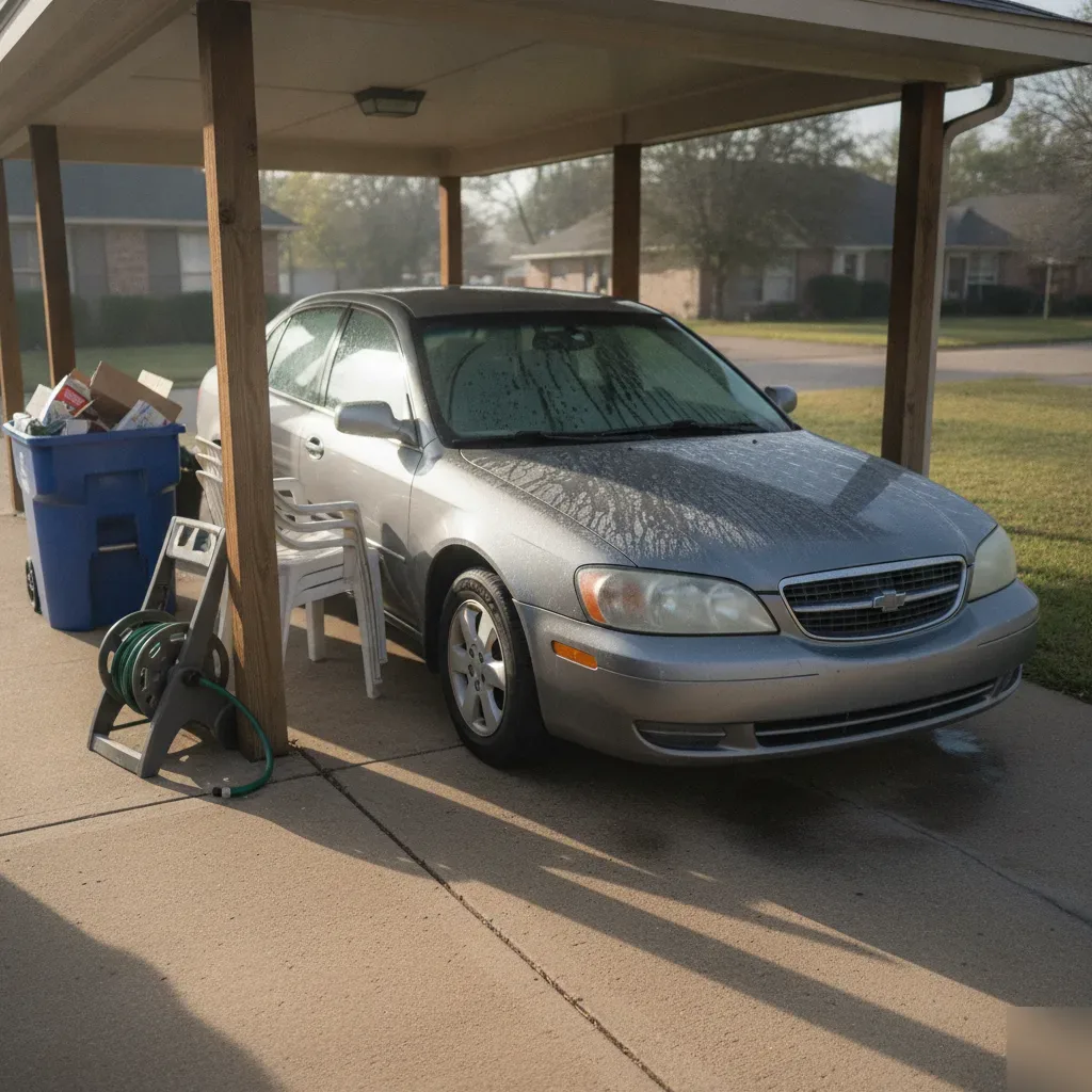 Homeowner's view of a spotted car parked in an Irving carport driveway