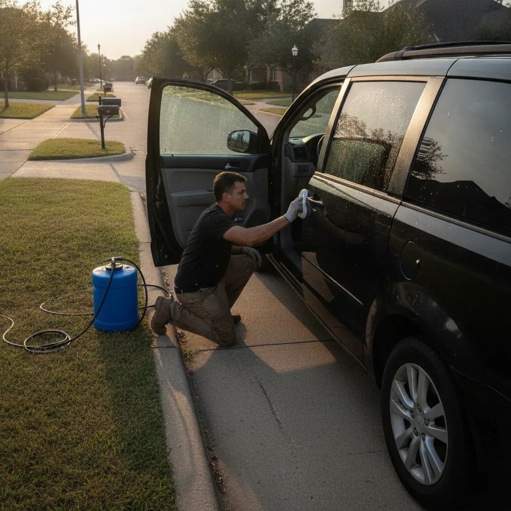 Detailer applying mobile water spot treatment to a minivan in Irving street