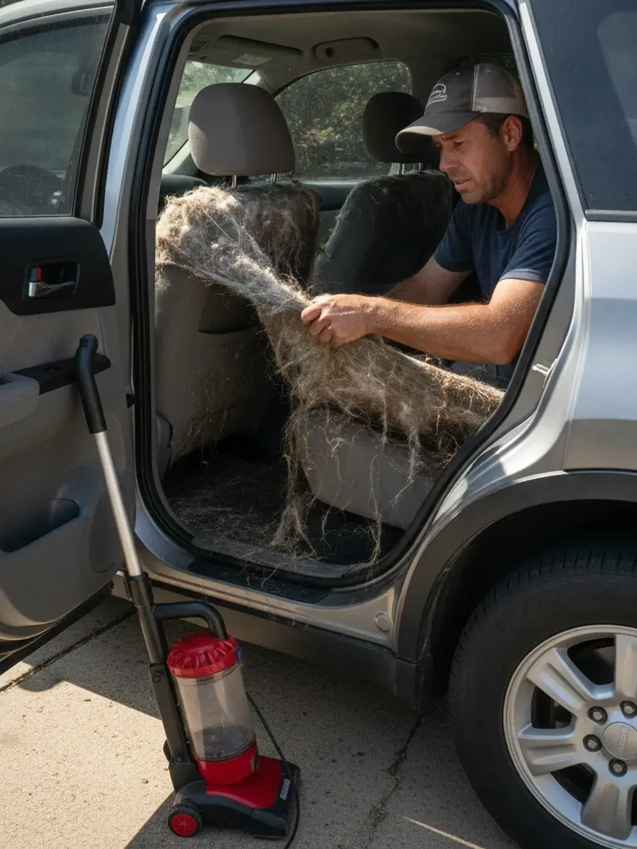 Car owner inspecting pet hair embedded in SUV seat fabric in Irving driveway