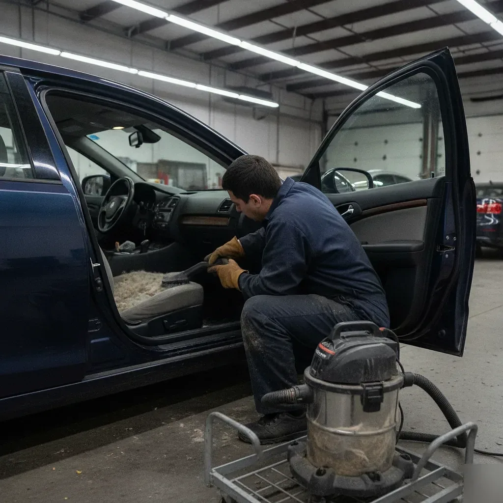 Detailer vacuuming pet hair from car seat cushion in Irving shop