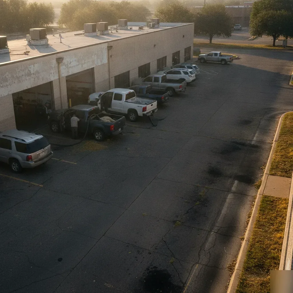 Dusty vehicles outside Irving auto detailing shop in Texas heat