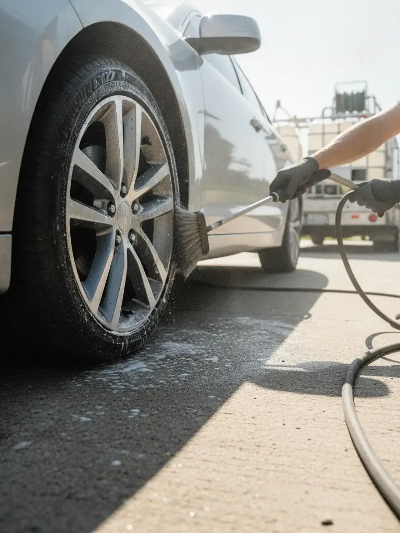 Detailer scrubbing brake dust off car wheel during mobile wheel washing in Fort Worth