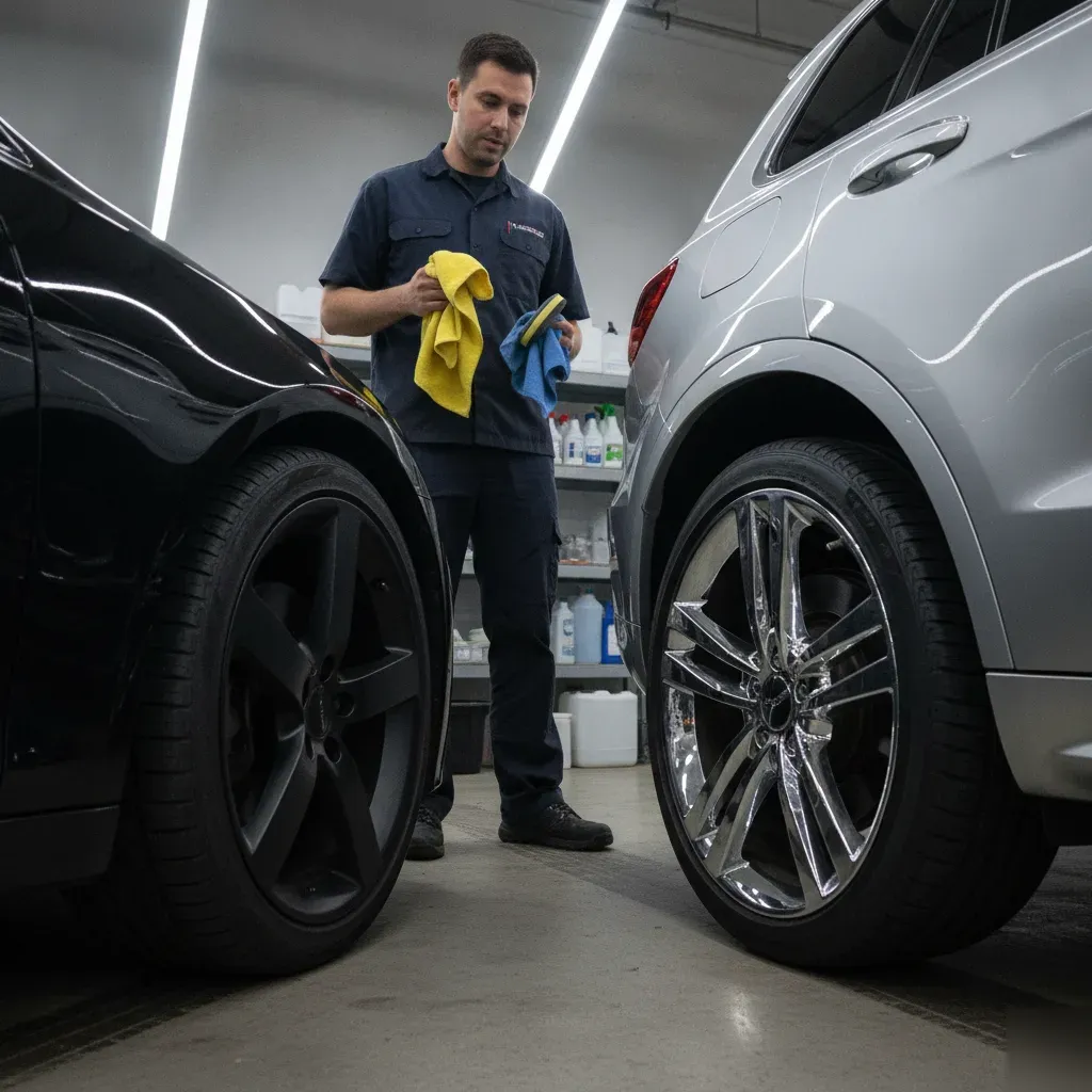 Detailer comparing cleaning tools for matte and chrome wheel finishes in Fort Worth shop