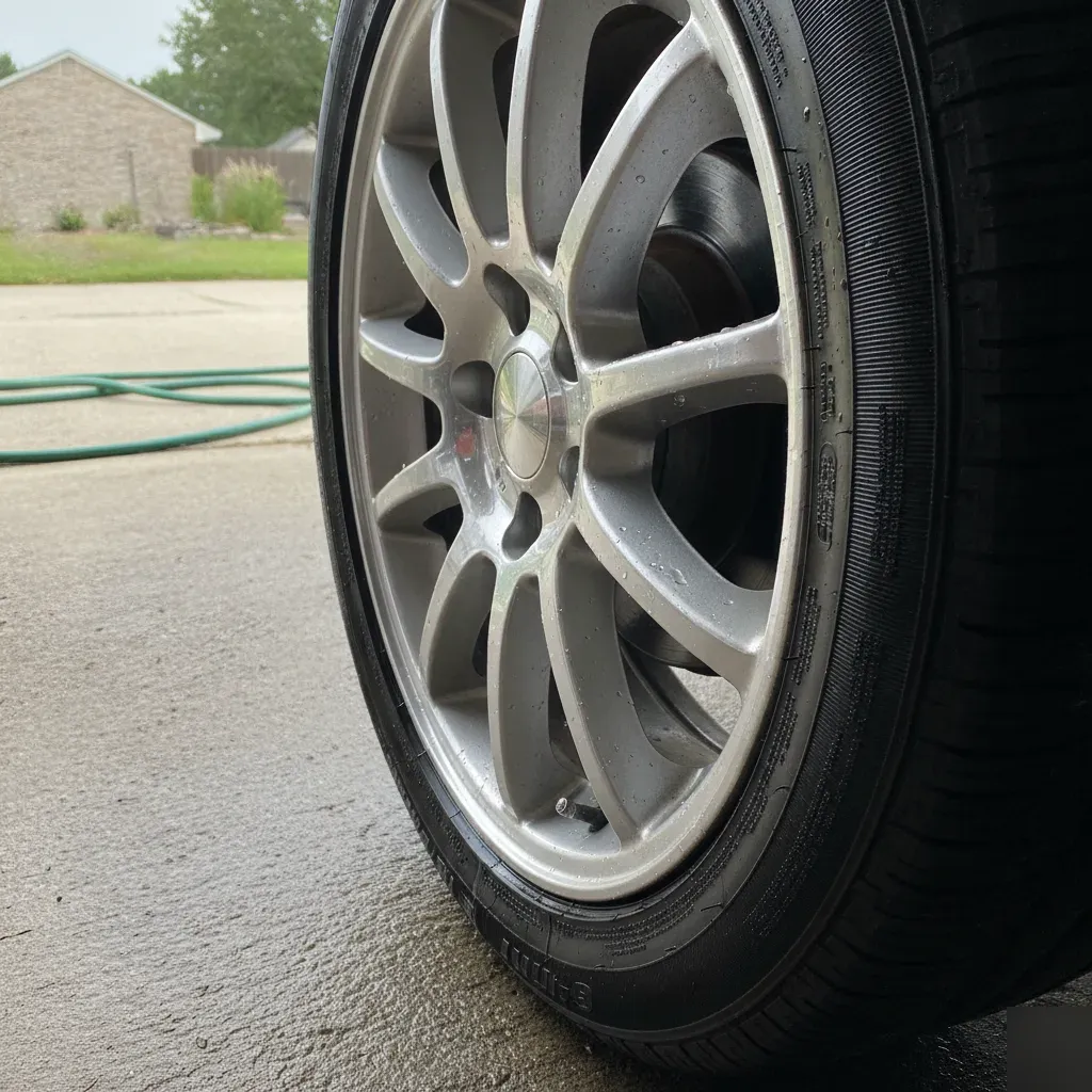 Clean wet alloy wheel after wheel washing service at Fort Worth home driveway