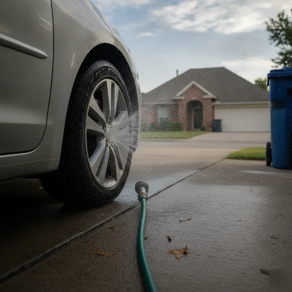 Homeowner rinsing car wheel with garden hose in Fort Worth driveway morning light