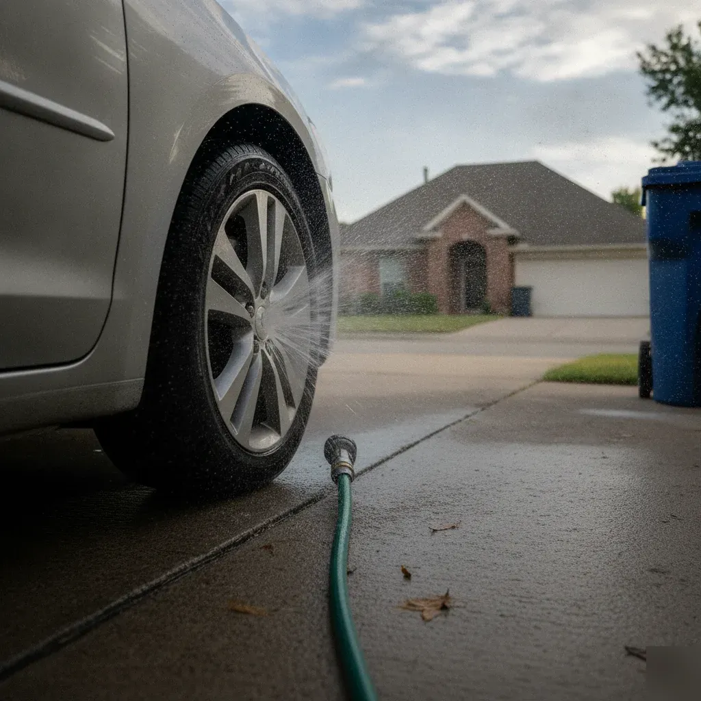 Homeowner rinsing car wheel with garden hose in Fort Worth driveway morning light