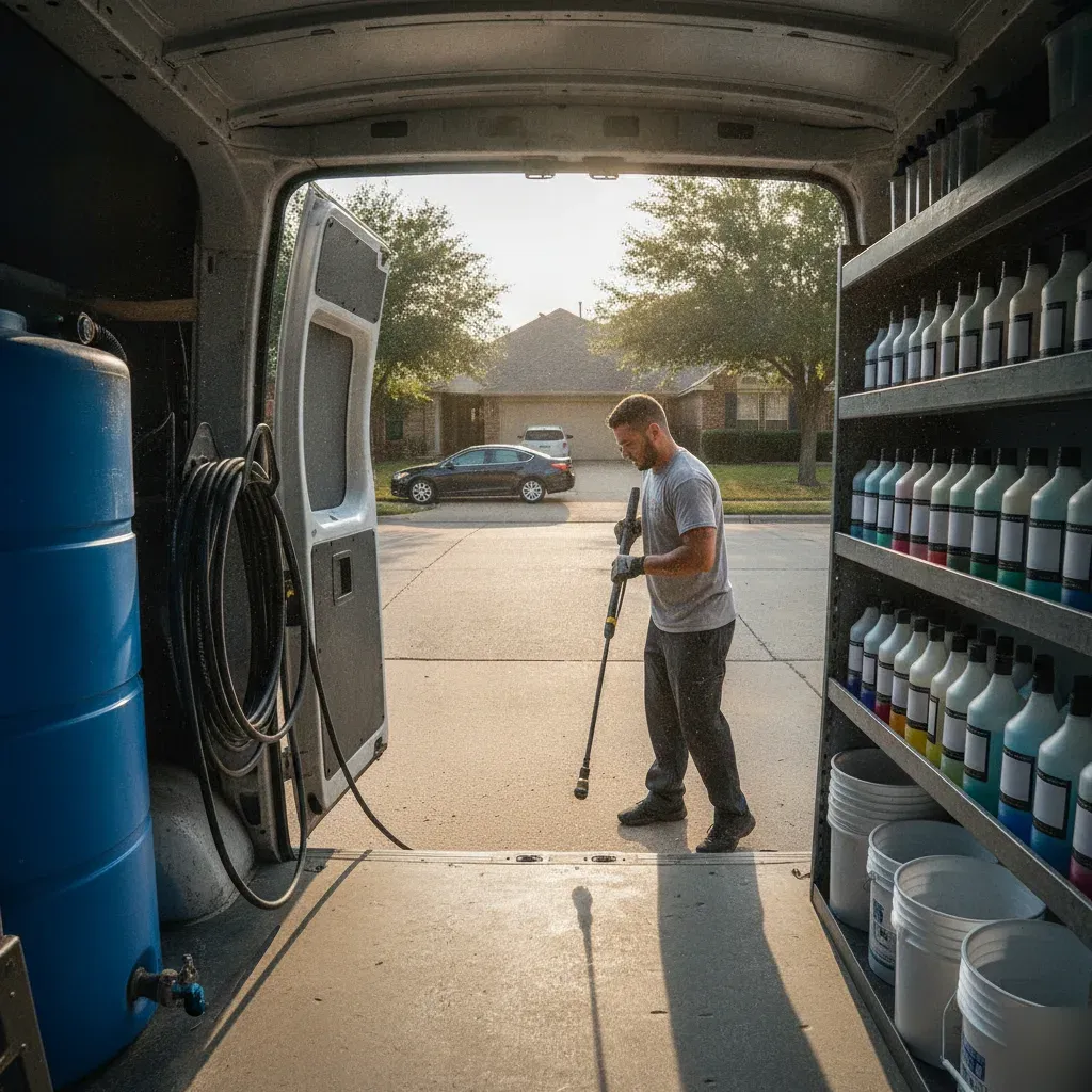 Mobile detailing van with wheel washing equipment parked on Fort Worth residential street