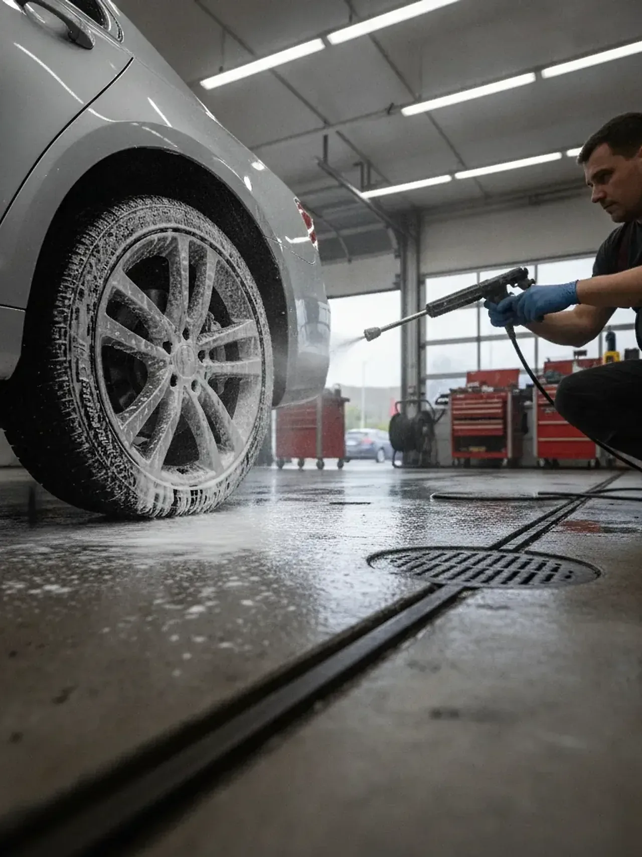 Technician foam-washing a car wheel during wheel washing service in Irving