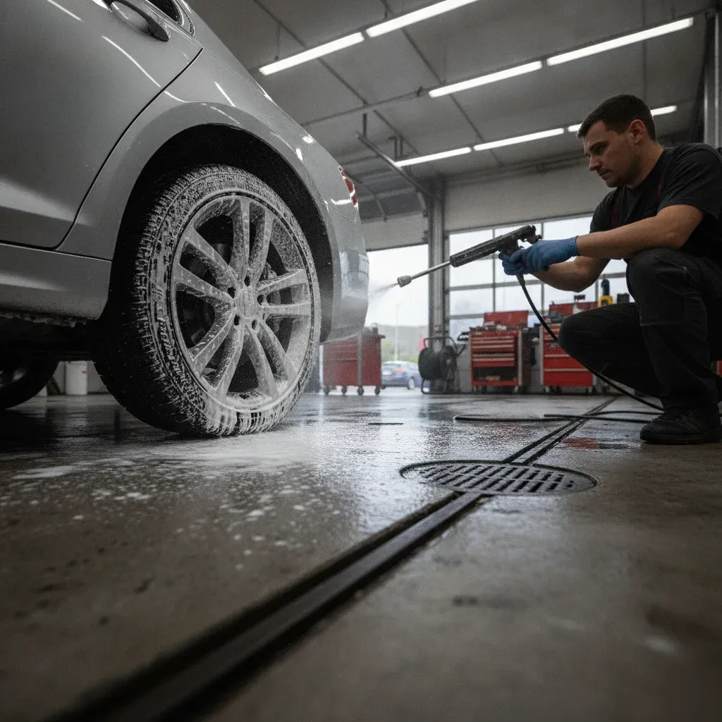 Technician foam-washing a car wheel during wheel washing service in Irving