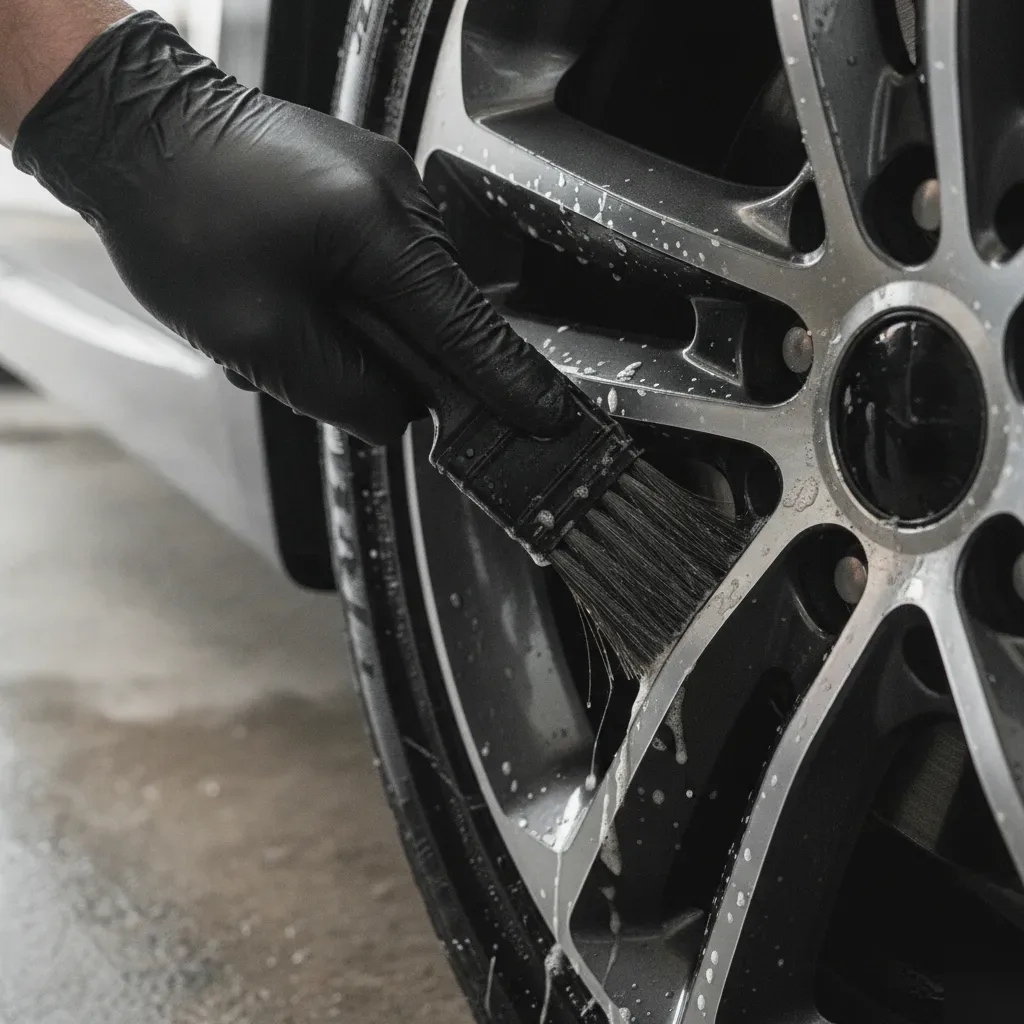 Close-up brush scrubbing brake dust from alloy wheel spokes in Irving