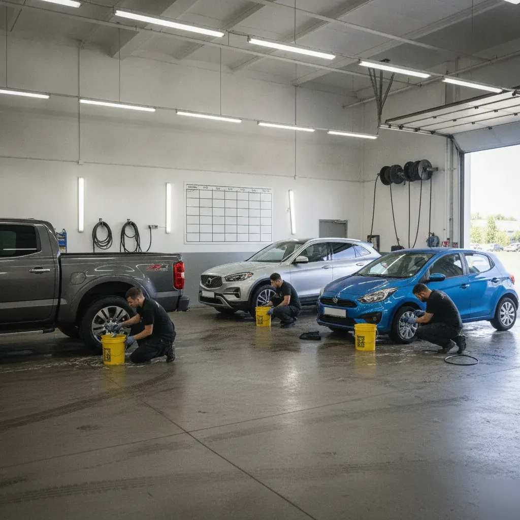 Technicians performing separate wheel washing service on three vehicles in Irving shop