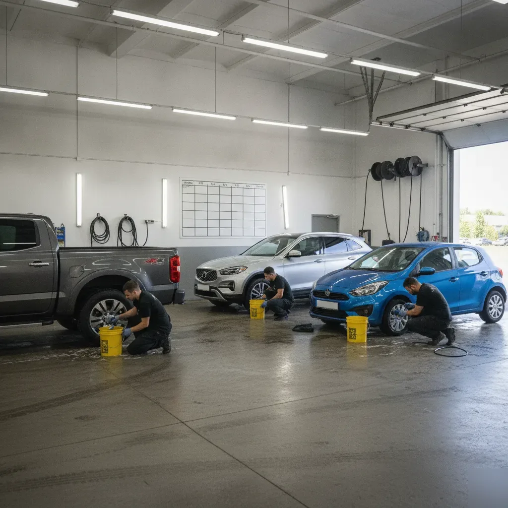 Technicians performing separate wheel washing service on three vehicles in Irving shop