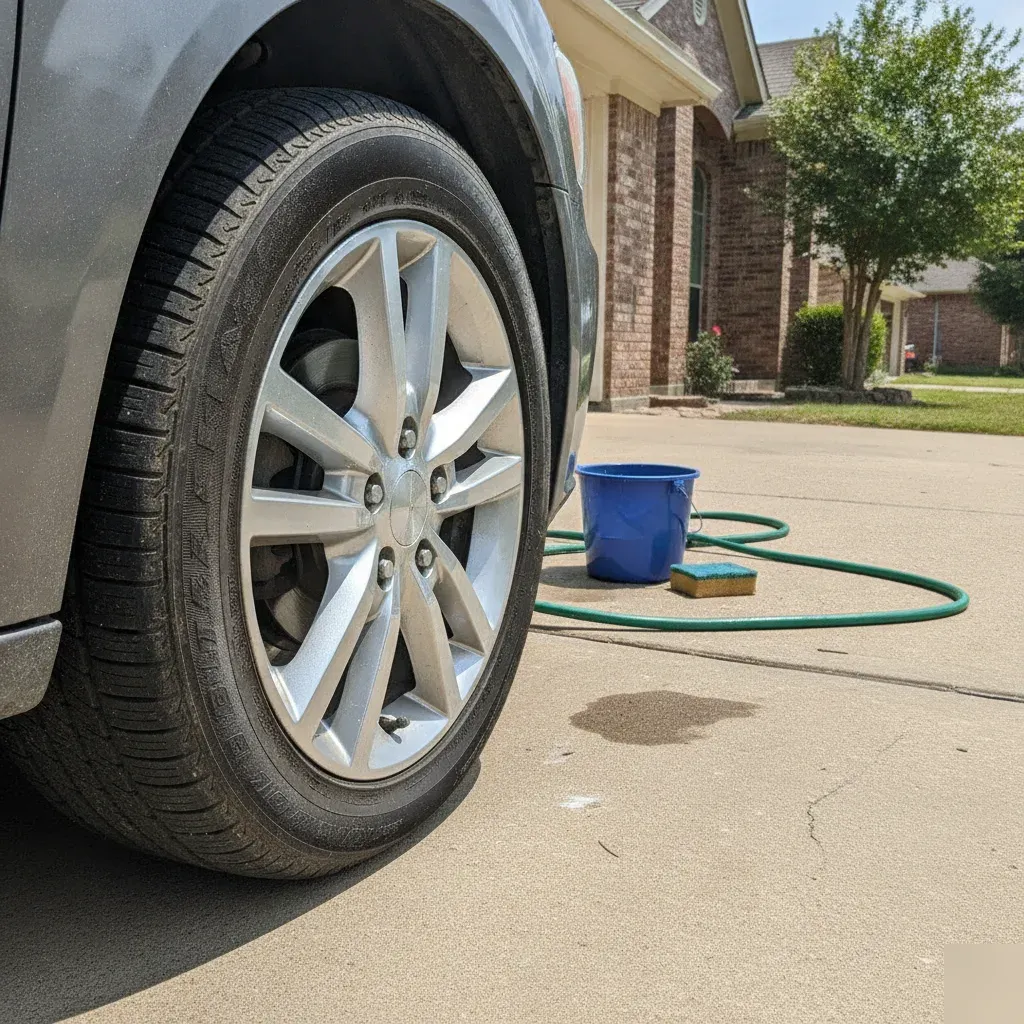 Lightly dusted minivan wheel on Irving driveway needing only a home rinse