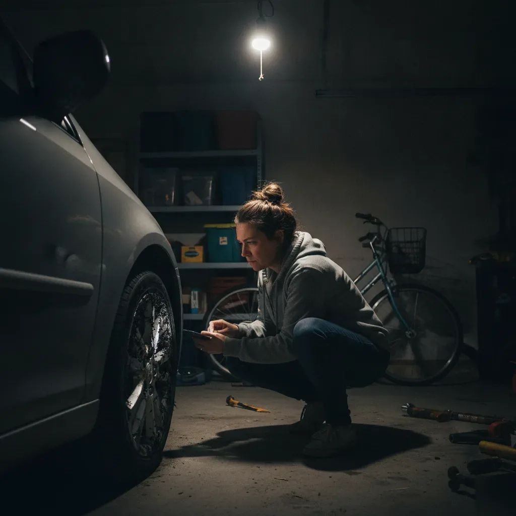 Homeowner inspecting heavy brake dust buildup on car wheel in home garage