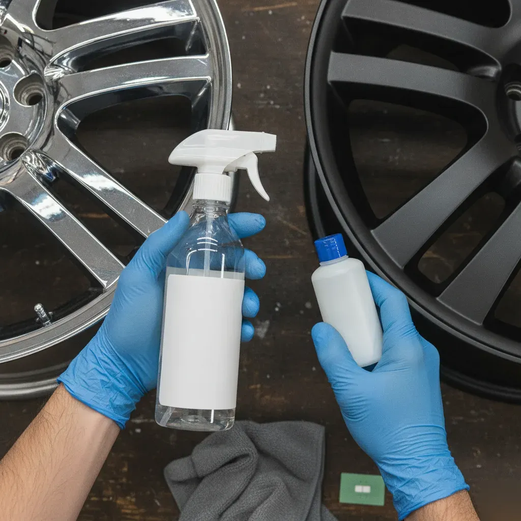 Technician comparing cleaning products for chrome and matte wheel finishes in Irving